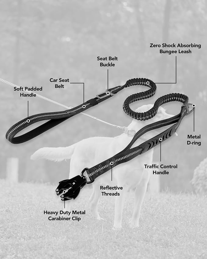 Joytale Tactical Dog Leash Heavy Duty, 4-6FT Shock Absorbing Bungee Lead with 2 Padded Handle, Metal Carabiner Clip, Car Seatbelt, Strong No Pull Leash for Medium Large X-Large Dogs, Black