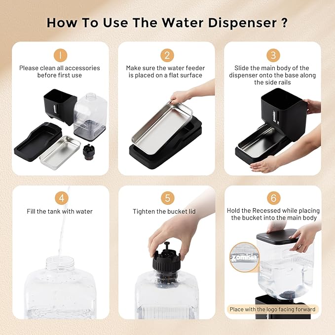ZOMISIA Gravity Cat Water Dispenser 6L with Stainless Steel Bowl, Automatic Water Bowl Dispenser for Cats, 1.6 Gallon Pet Waterer 100% BPA Free, Black