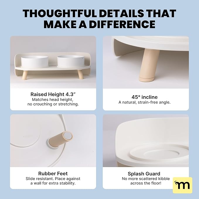 MalsiPree Elevated Dog Bowls - Puppy Adoption Gifts & Cute Puppy Accessories - 45° Tilt Feeding Station with Ceramic Dishes - Food and Bowls Set - Dog Birthday Gifts for Small Pets - Sand Beige