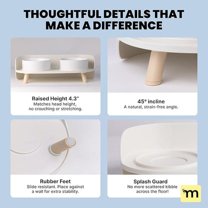 MalsiPree Elevated Dog Bowls - Puppy Adoption Gifts & Cute Puppy Accessories - 45° Tilt Feeding Station with Ceramic Dishes - Food and Bowls Set - Dog Birthday Gifts for Small Pets - Sand Beige