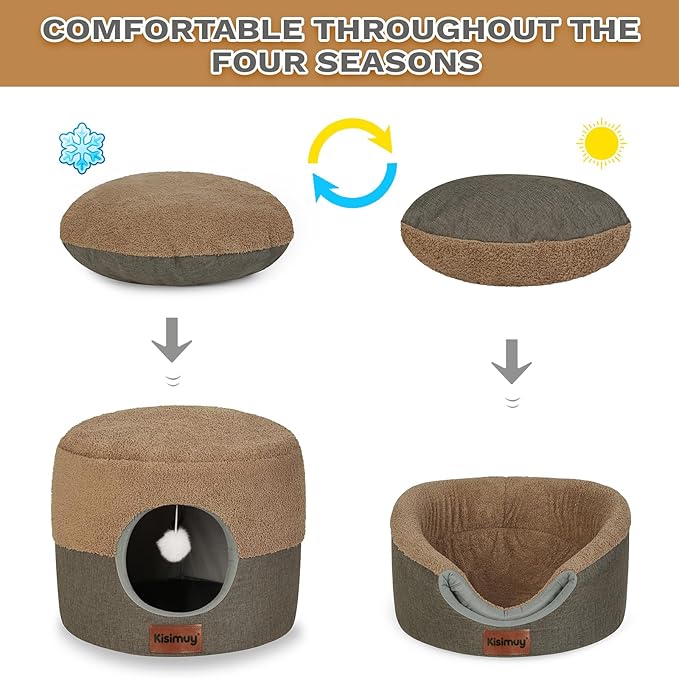 Cat Bed Cave for Indoor Cats, 2-in-1 Foldable Cat Cave & Lounge Bed with Reversible Cushion, Calming Anti-Anxiety Enclosed House for Small Dogs & Puppies, Donut Cozy Hideaway, 17.5 Inches (Brown)