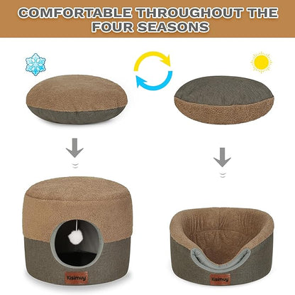 Cat Bed Cave for Indoor Cats, 2-in-1 Foldable Cat Cave & Lounge Bed with Reversible Cushion, Calming Anti-Anxiety Enclosed House for Small Dogs & Puppies, Donut Cozy Hideaway, 17.5 Inches (Brown)