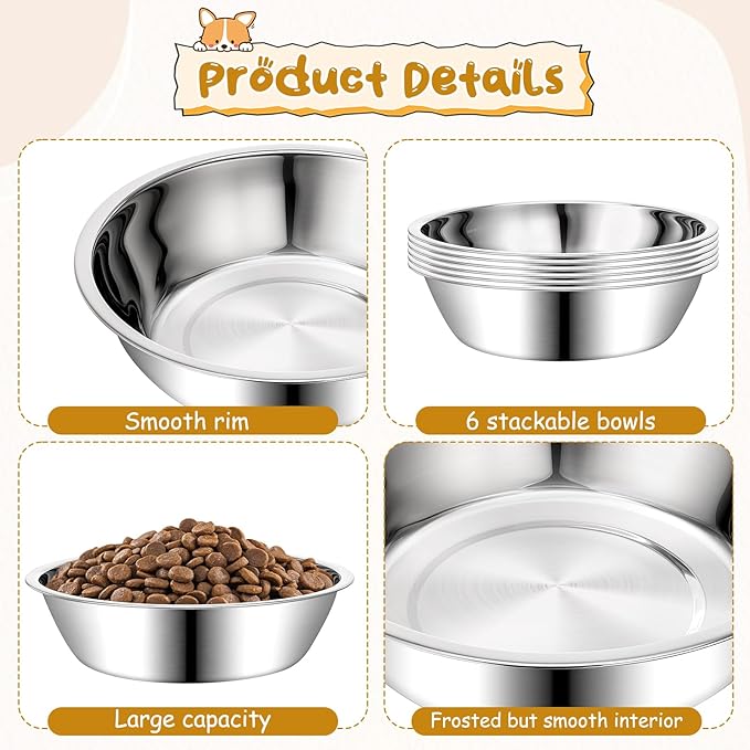 6 Pack Stainless Steel Metal Dog and Cat Bowls, 15 oz Metal Pet Food and Water Bowl 7" Diameter Durable Basic Pet Bowls Lightweight Pets Replacement Bowl for Small Medium Large Dogs, Dishwasher Safe