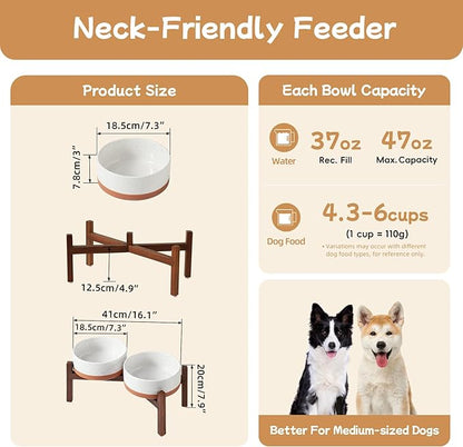 Ceramic 7.3inch Raised Double Dog Bowls Set with Acacia Wood Stand, Food & Water Bowls for Medium Breed Dogs, Weighted Pet Dishes(41oz, Vanilla White)