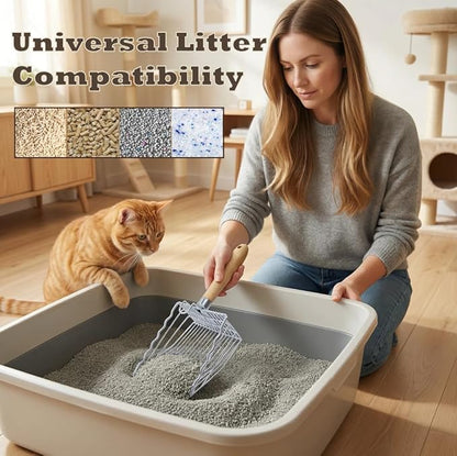 Metal Cat Litter Scoop with Holder, Stainless Steel Cat Litter Scooper Holder Trash Container, Heavy-Duty Kitty Poop Scooper with Coarse and Fine Grids for All Litter Pan