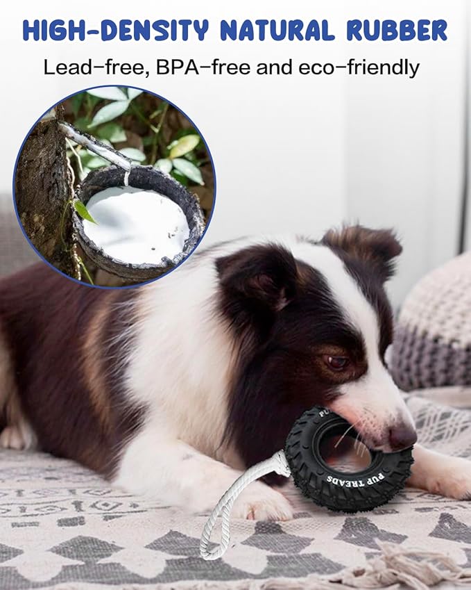 SCHITEC Dog Chew Toy with Rubber Tire & Tug of War Rope for Medium Large Dogs Aggressive Chewers, Interactive Fetch Play Treat Dispenser Pull Toys