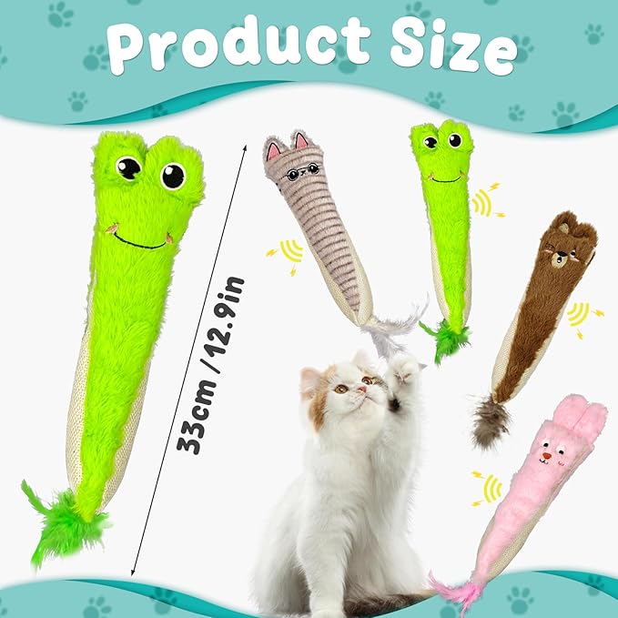 Andiker Cat Toys for Indoor Cats,10.24in Plush Catnip Toy with Crinkle Paper Inside,Fluffy Interactive Cat Toy with Feather and 2 Sisal Scratchers for Biting, Chewing, Scratching and Kicking