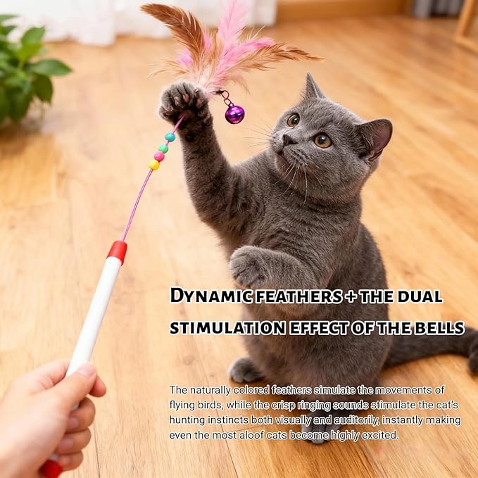 Cat Feather Wand Toy - Steel Wire Feather Interactive Cat Stick Training - Beads Bells Kitten Wand Toys Pet, Funny Kitten Fishing Pole Toy for Bored Indoor Chase & Exercise(1Pcs)