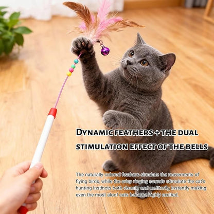 Cat Feather Wand Toy - Steel Wire Feather Interactive Cat Stick Training - Beads Bells Kitten Wand Toys Pet, Funny Kitten Fishing Pole Toy for Bored Indoor Chase & Exercise(1Pcs)