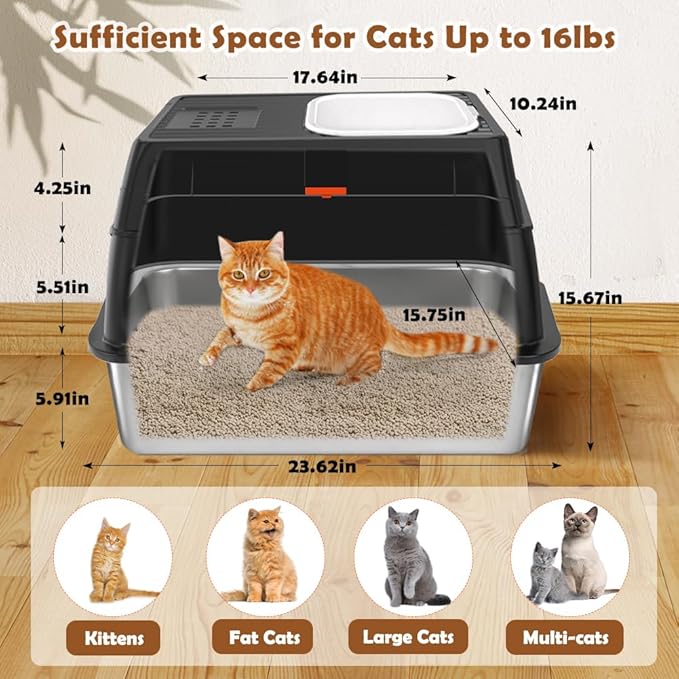 Vivifying Stainless Steel Litter Box with Lid, XL Front Entry Enclosed Extra Large Litter Box for Big Cats & Kitty, Top Exit Metal Cat Pan with Scoop, Mat, Footboard, Charcoal Filter (Black)