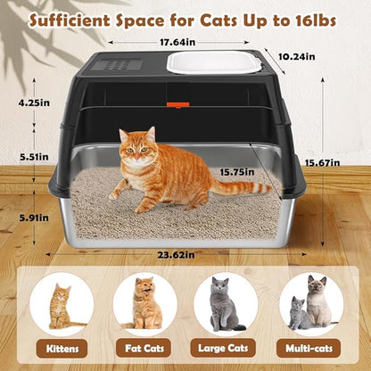 Vivifying Stainless Steel Litter Box with Lid, XL Front Entry Enclosed Extra Large Litter Box for Big Cats & Kitty, Top Exit Metal Cat Pan with Scoop, Mat, Footboard, Charcoal Filter (Black)