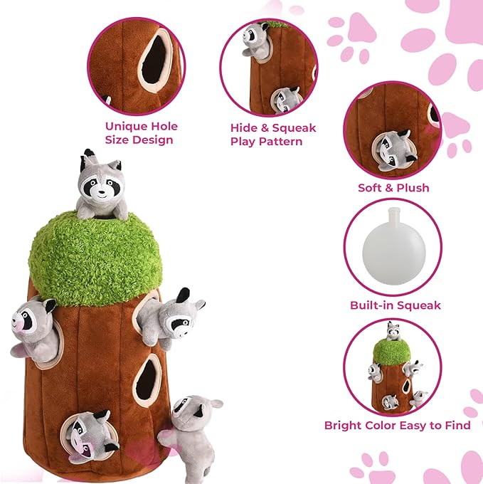 Glow Pups Dog Puzzle Plush Toy Tree with Squeaky Raccoons, Interactive Hide and Seek Fun, Promotes Mental Stimulation, Large Size, Brown/Gray Plush, 5-Pack (Raccoon in Tree, Large)