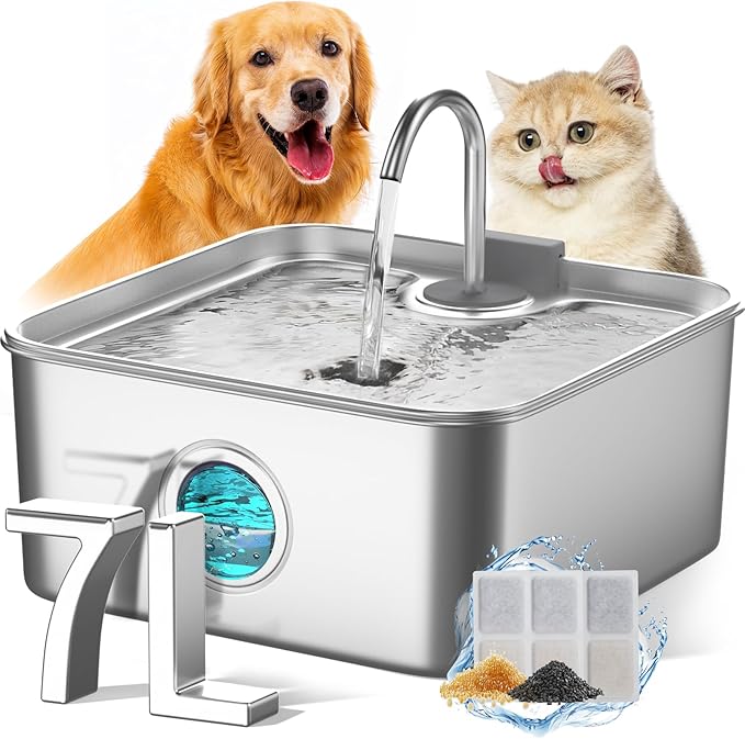 FUKUMARU Dog Water Fountain, 1.8 Gal/7L Stainless Steel Large Pet Fountain for Multi-Pet Households, 2026 Upgraded Ultra Quiet Automatic Water Dispenser with 4-Stage Filtration & 3 Filters, Silver