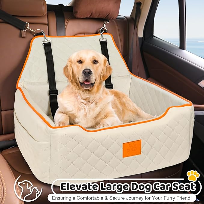 XIEEAOZEE Dog Car Seat for Large/Medium Dog, Booster Seat Under 55Lbs or 2 Small Dogs, Detachable and Washable Travel Pet Seat with Thick Cushion and Storage Pockets (Beige)