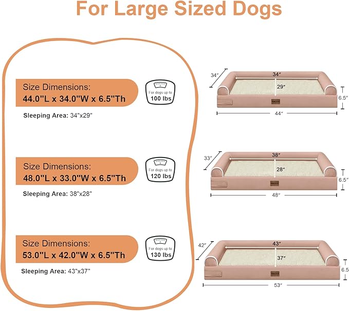 Large Dog Bed Orthopedic Washable: Beds Bolster XL Bed Large Big Dogs Memory Foam Couch Sofa Waterproof with Removable Cover - Pink