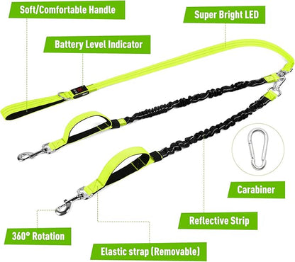 LED Double Dog Leash, 360° Swivel Dual Dog Walking Leash, Comfortable Shock Absorbing Lead for Dog, Reflective Removable Bungee for Two Dogs