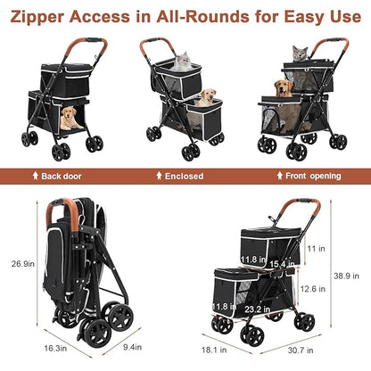 Double Pet Stroller for Dogs and Cats, One-Hand Folding Dog Stroller Travel Carriage for Small Medium Dogs Cats, 4 Wheels, Black