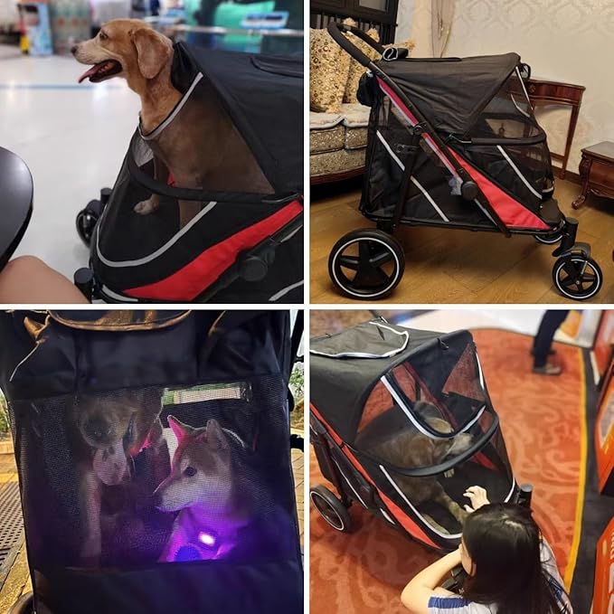 Large Dog Stroller-4 Wheel Pet Strollers for Medium Dogs or 2 Dogs- One-Click Foldable - Large Breathable Mesh & Sunroof - All Terrain Pet Stroller for Medium Senior Dog up to 88 lbs (Black-Red)