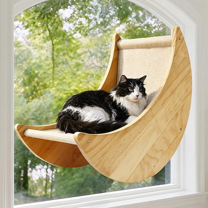 Wooden Cat Window Perch, Large Cat Window Bed with 4 Upgraded Suction Cups, Solid Wood Cats Window Hammock with Moon-Shaped Design, Pet Windows Seat for Indoor Cats