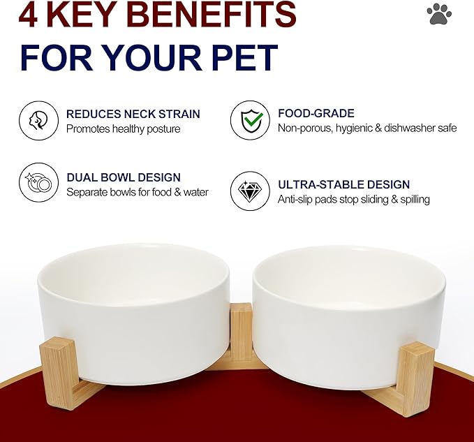 Dog Food Bowl, 28.7 oz Ceramic Modern Design, Dog Water and Food Bowl with Wood Stand, for Puppy & Cat, Non-Slip Feeding Station with Weighted Base, White
