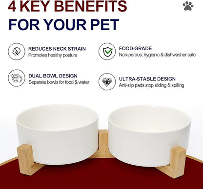 Dog Food Bowl, 28.7 oz Ceramic Modern Design, Dog Water and Food Bowl with Wood Stand, for Puppy & Cat, Non-Slip Feeding Station with Weighted Base, White