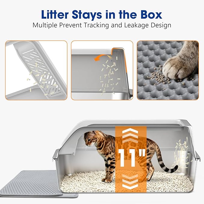 Stainless Steel Litter Box with Lid Enclosed XL High Sided Metal Litter Boxes for Big Cat and Multiple Cats, Anti-Urine Leakage | Non-Stick & Includes Cat Mat and Scoop
