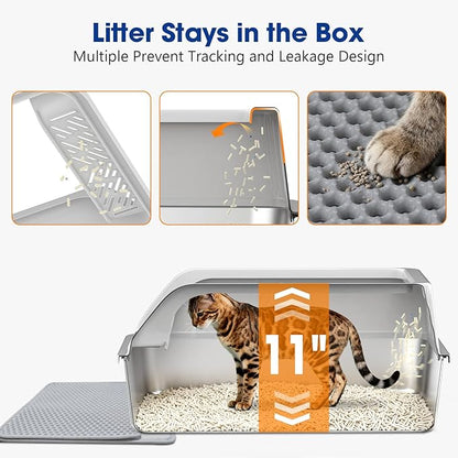 Stainless Steel Litter Box with Lid Enclosed XL High Sided Metal Litter Boxes for Big Cat and Multiple Cats, Anti-Urine Leakage | Non-Stick & Includes Cat Mat and Scoop