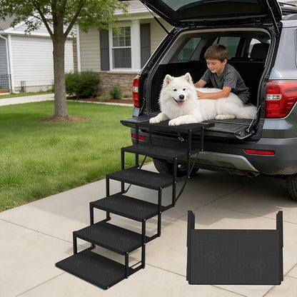 Dog Stairs for car, 6 Steps Foldable Dog Steps for Truck, Upgraded Non-Slip Pet Stairs for lagre Dogs, Metal Pet Stairs for SUV, Truck and Cars
