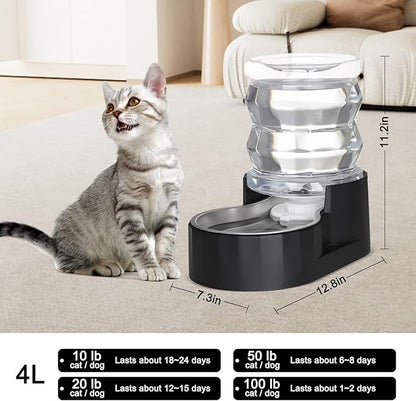 RIZZARI Dog Food Water Dispenser: 4L Large Black Stainless Steel Feeder with Activated Carbon Ion Exchange System - Soften Water and Remove Odor - Prevent Urinary Stone - Garden and Study Room