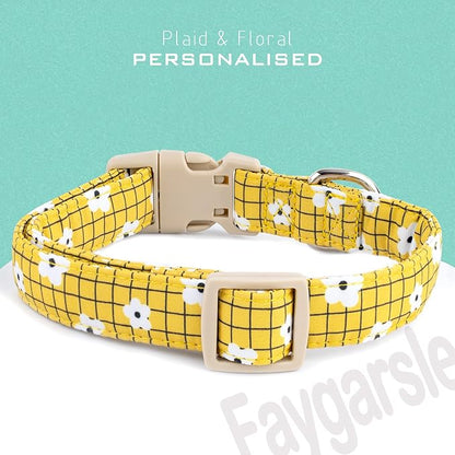 Faygarsle Floral Plaid Pattern Dog Collar, Yellow with White Flowers Summer Spring Design for Small Medium Large Dogs XS