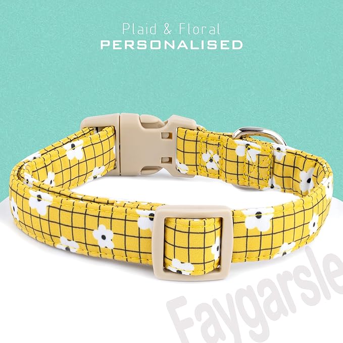 Faygarsle Floral Plaid Pattern Dog Collar, Yellow with White Flowers Summer Spring Design for Small Medium Large Dogs L