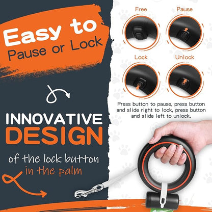 UFO Retractable Dog Leash Hands Free Wearable with Poop Bag Holder One-Handed Brake Pause Lock 360° Tangle Free 10ft Dog Leash for Up to 66lbs Medium Small Dogs (Black/Orange)