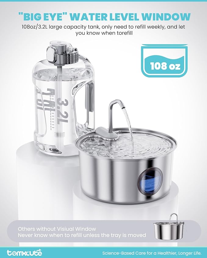 Cat Water Fountain Stainless Steel - 108oz/3.2L Large Capacity Cat Fountain for Drinking, Ultra Quiet Metal Pet Water Fountain for Cats, Dogs, Multiple Pets