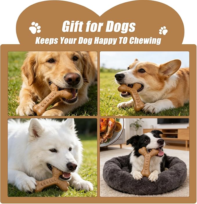 Dog Chew Toys for Aggressive Chewers, Durable Nylon & Wood Teething Toy with Chicken Flavor, Tough Chewing Dog Toys for Large Dogs (Wishbone)