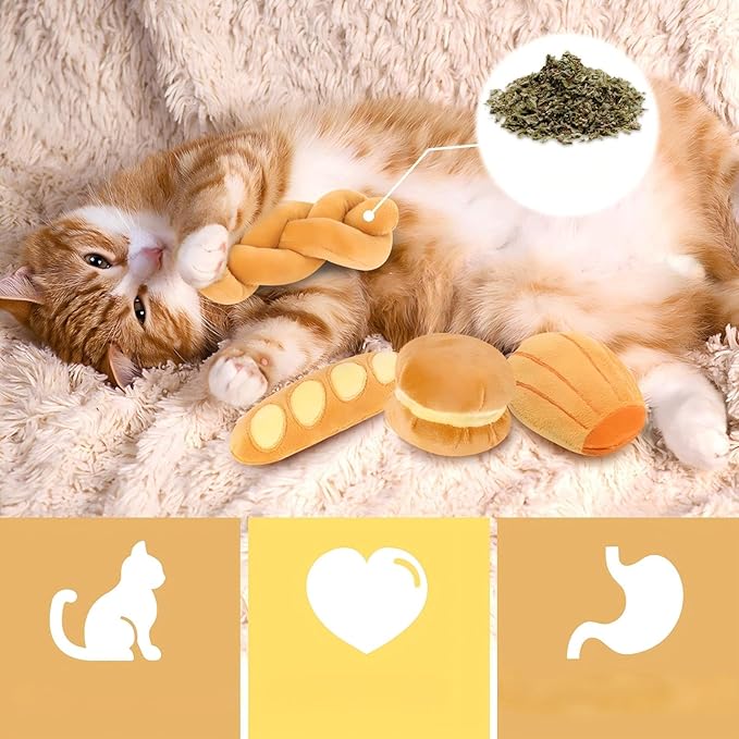 Distaratie Cat Toys 6 Pack Bread Catnip Toys Soft and Durable Chew Bite Resistant Toys for Teeth Cleaning Boredom Relief Interactive Soft Chew Kicker Cat Toys for Indoor Cats