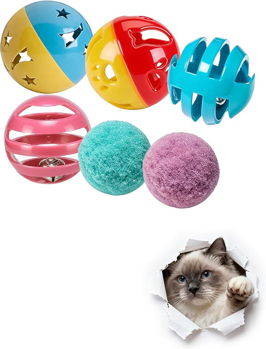 6 Pack Cat Toys Balls for Indoor Kitten, 4 Long-Lasting Plastic Balls & 2 Plush Bells Balls, Interactive Kitty Toys for Chasing, Chewing, Teething, Enrichment Play for Cats (1.5'')