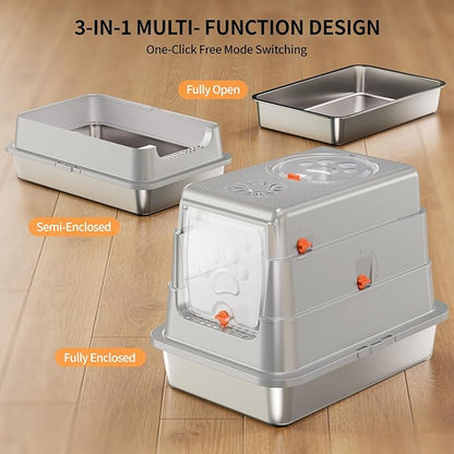 Stainless Steel Cat Litter Box with Lid, Small Enclosed Metal Litter Pan for Kittens & Small Animals, Full Flip Cover Litter Box Include Scoop & Step, Leak Proof Easy Clean Odor Control, Grey