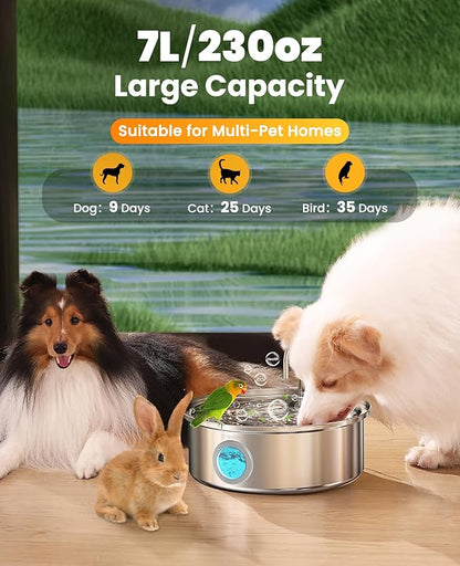 Oneisall Pet Water Fountain with 8Set Filters, 7L/230oz Quiet Dog Water Dispenser, Stainless Steel Dog Fountain with Visual Water Level&4-Layer Filtration for Large Dogs