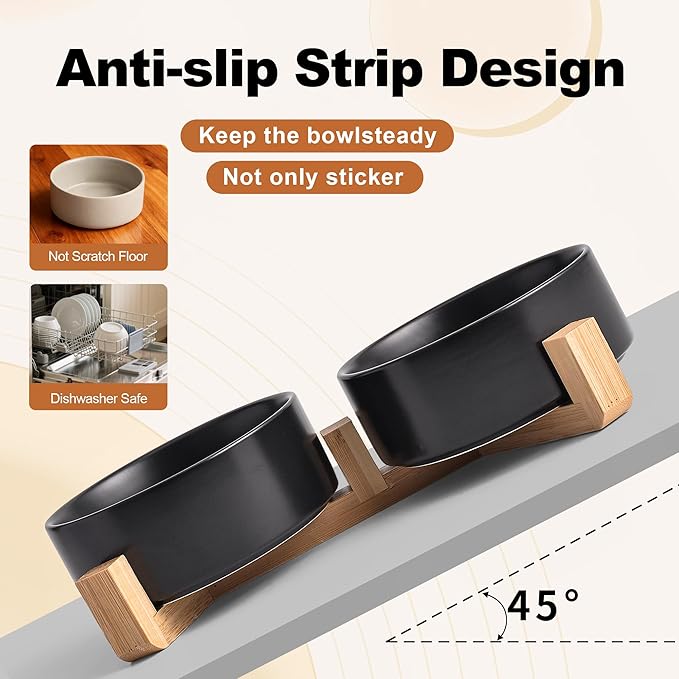 Kimdio Ceramic Dog Bowls with Wood Stand, 13.5OZ Pet Bowls Set of 2 for Medium Small Dogs and Cats - Non-Slip Base Cute Pet Food & Water Basic Bowls Glaze Matte-Black