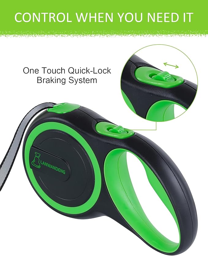 26FT Long Chew Proof Retractable Dog Leash with 2 Heavy Duty Anti-Chewing Wire Ropes, 360° Tangle-Free Dog Lead with Anti-Slip Handle for Small/Medium/Large Dogs Green
