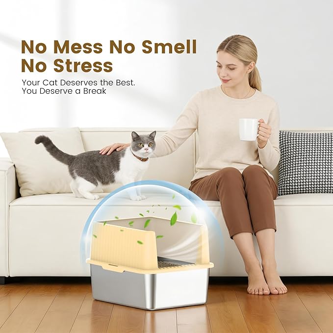 Stainless Steel Litter Box for Small Cats & Kittens, 11.8" High Sided Open Top Cat Litter Pan, Low Entry with Anti-Leak Design, Easy to Clean & Space-Saving, 17.3x13.4x11.8 Inches