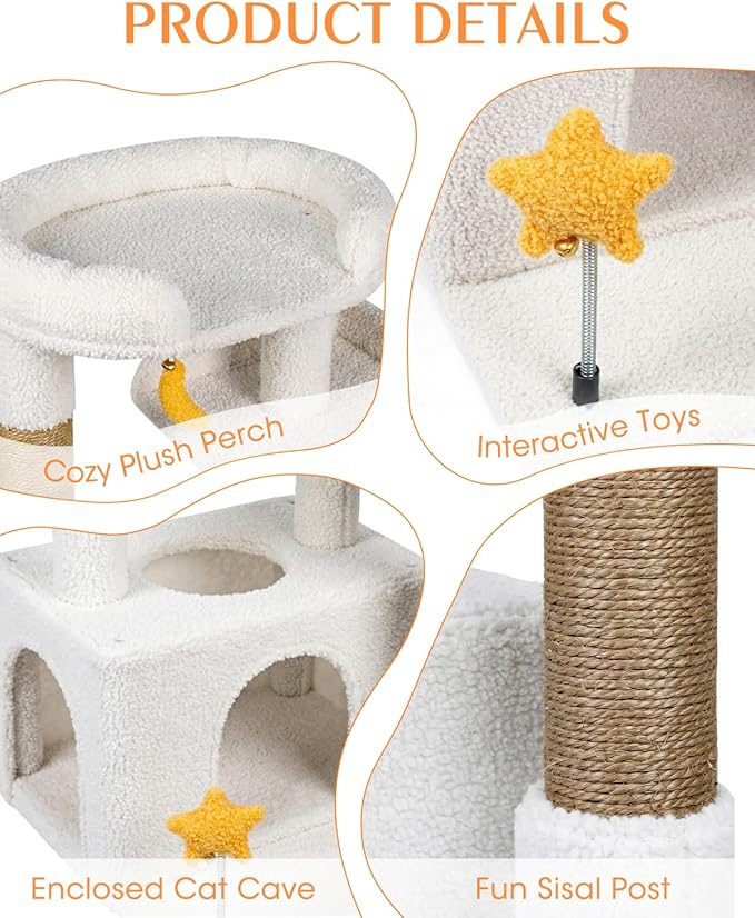32In Cute Cat Tower for Indoor Cats with Cat Condo, Plush Platform, Hammock, Sisal Scratching Posts, Dangling Ball, Tall Cat Tree Tower with Self-Grooming Brush (Beige)
