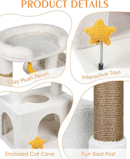 32In Cute Cat Tower for Indoor Cats with Cat Condo, Plush Platform, Hammock, Sisal Scratching Posts, Dangling Ball, Tall Cat Tree Tower with Self-Grooming Brush (Beige)