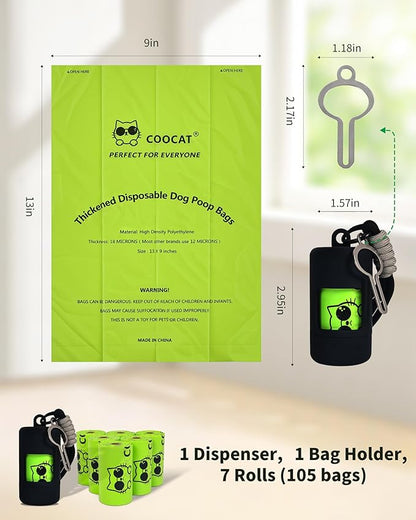 Dog Poop Bags with Dispenser & Holder, Guaranteed Leak Proof, Unscented Extra Thick Heavy Duty Tear-resistant 18-Micron Waste Bag Refill Rolls (Black (105-Bags, 1-Dispenser))