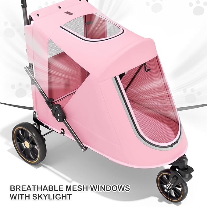 MoNiBloom Pet Stroller for Large Dogs or Multiple Dogs Cats with Adjustable Handle, 3-Wheels Dual Entry Portable Dog Carting Easy Folding Pet Wagon Double Dog Stroller up to 55 lbs, Pink