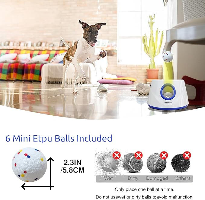 Automatic Dog Ball Launcher, Dog Ball Throw Launcher, 3 Adjustable Distance 20-45FT, with 6 2.3-inch ETPU Balls, for Small/Medium Dogs, Indoor and Outdoor Interactive Toys