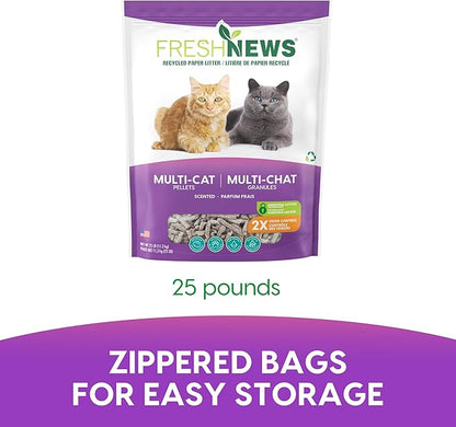 Fresh News Recycled Paper Multi-Cat Pellet Non-Clumping Paper Cat Litter, 25 Pound, 2X Odor Control, Made in USA