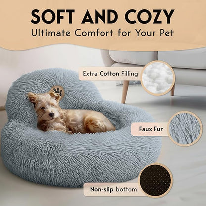 PetJett Small Dog Bed - 23'' Round Dog Beds, Calming Puppy Bed - Anti-Slip & Washable Super Soft Fluffy Plush Faux Fur Pet Bed, Anti-Anxiety Premium Comfort Donut Bed,Fits Dogs upto 25 lbs,Bright Gray