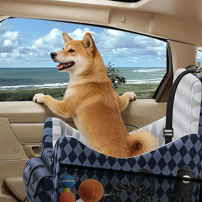 Dog Car Seat for Small/Medium Dogs up to 35lbs, 4-Pocket Storage Memory Foam Dog Booster Seat, Detachable Washable Pet Car Seat with Safety Belt, Outdoor & Indoor Use (Blue/Grey)