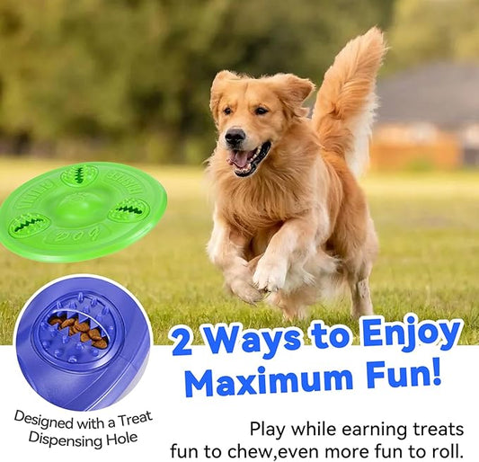 2Pcs Dog Frisbee with Treat Holes,8'' Soft TPR Flying Disc Chew Toy for Dogs, Treat Dispensing Fetch Toy for Outdoor Play & Exercise, Stress Relief Dog Toy(Purple ×1 + Green ×1)